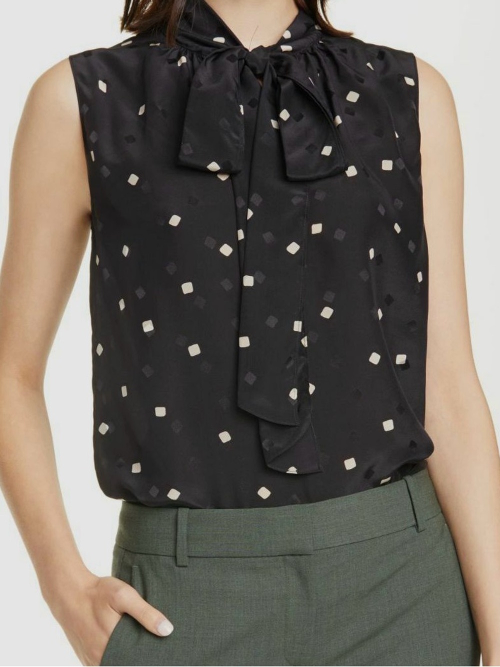 100% Silk Theory Black Silk Tie Scarf Blouse Size M w Squares Luxury Minimalist